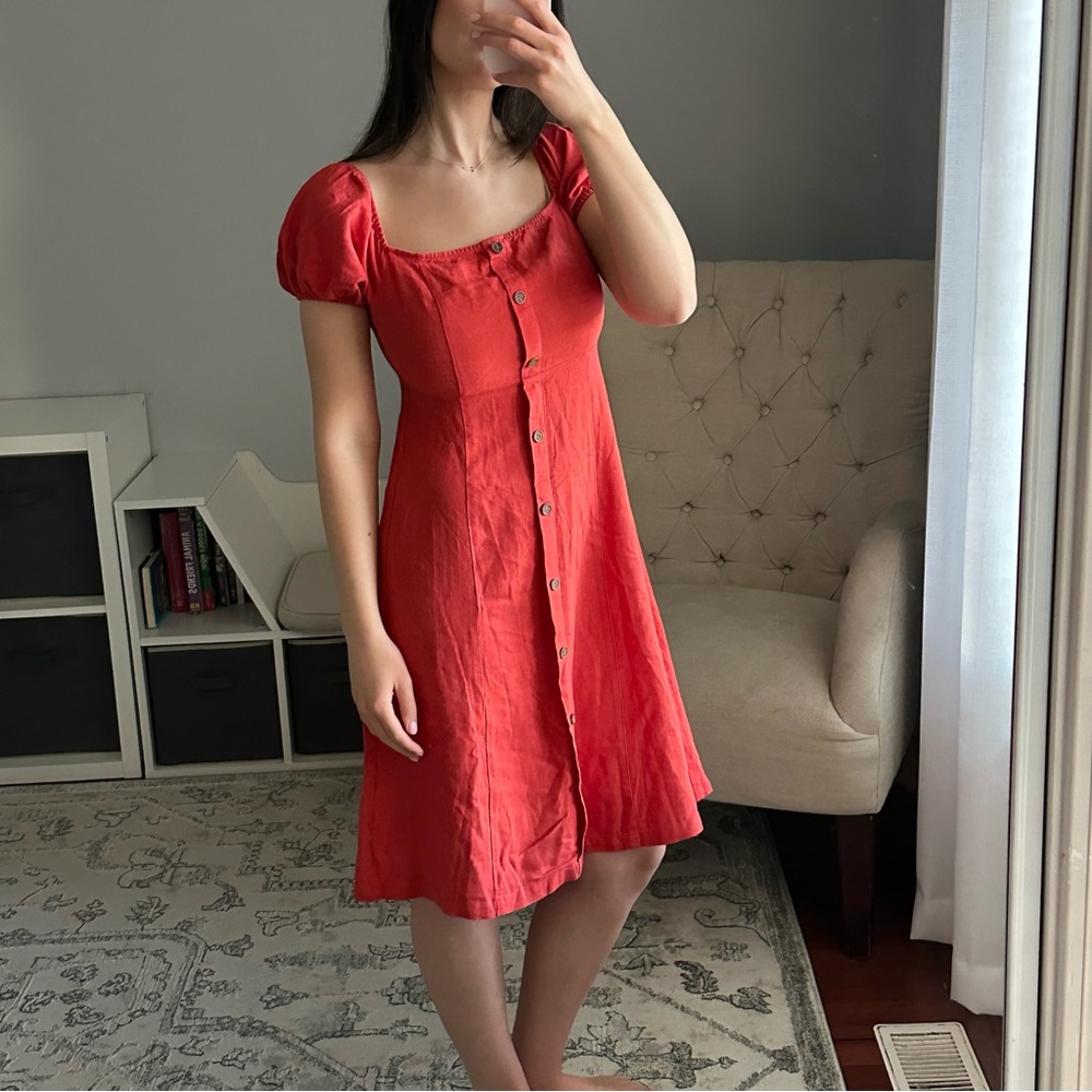 Red Linen Button Down Dress - Picture 2 of 9